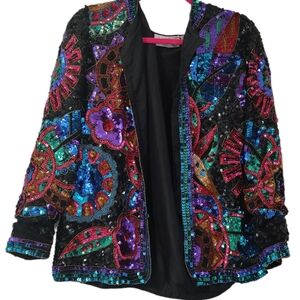 Lawrence Kazar Colorful Fun Sequined Open Front Jacket Size M